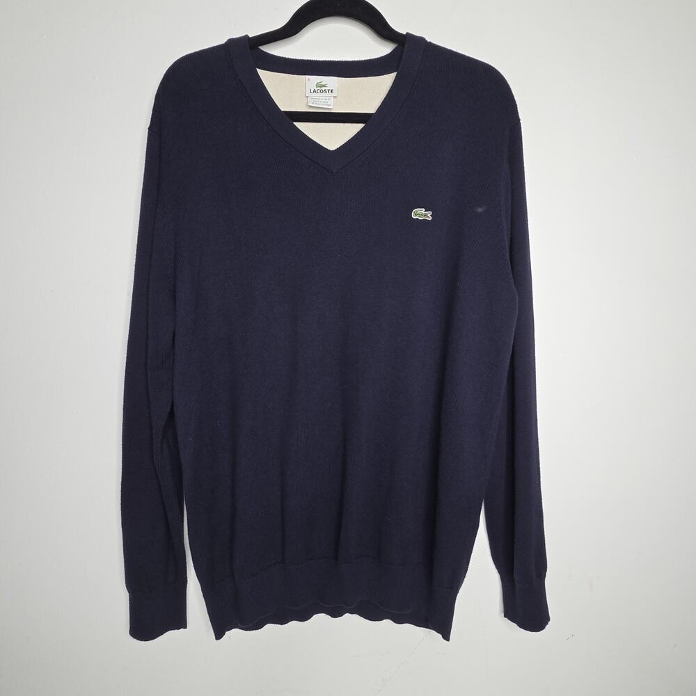Lacoste Sweater Mens Size 6 Navy Blue V-Neck 100% Cotton Crocodile Logo Pullover